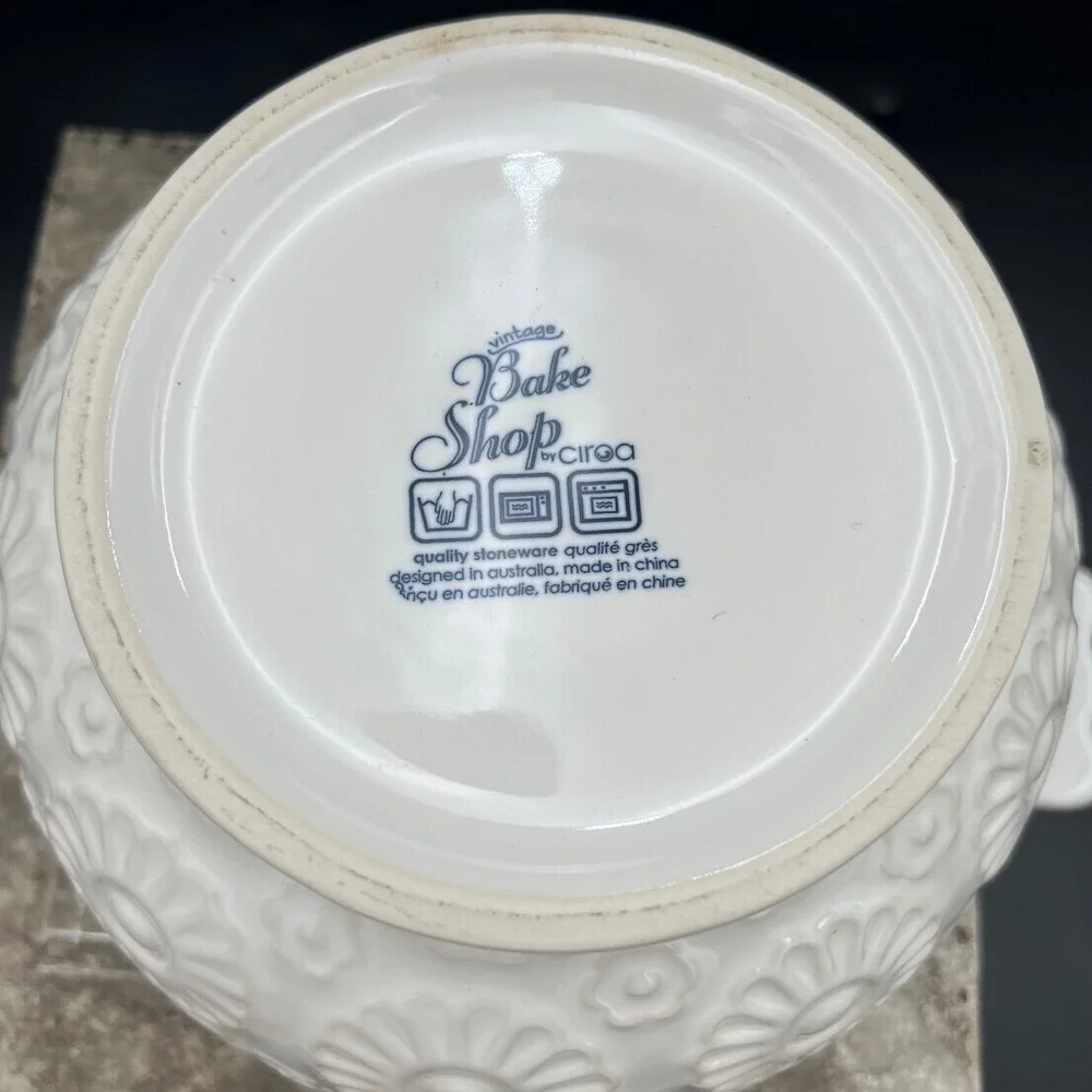 Ciroa Vintage Bake Shop White Stoneware Mixing Bowl Floral Embossed Pour Spout